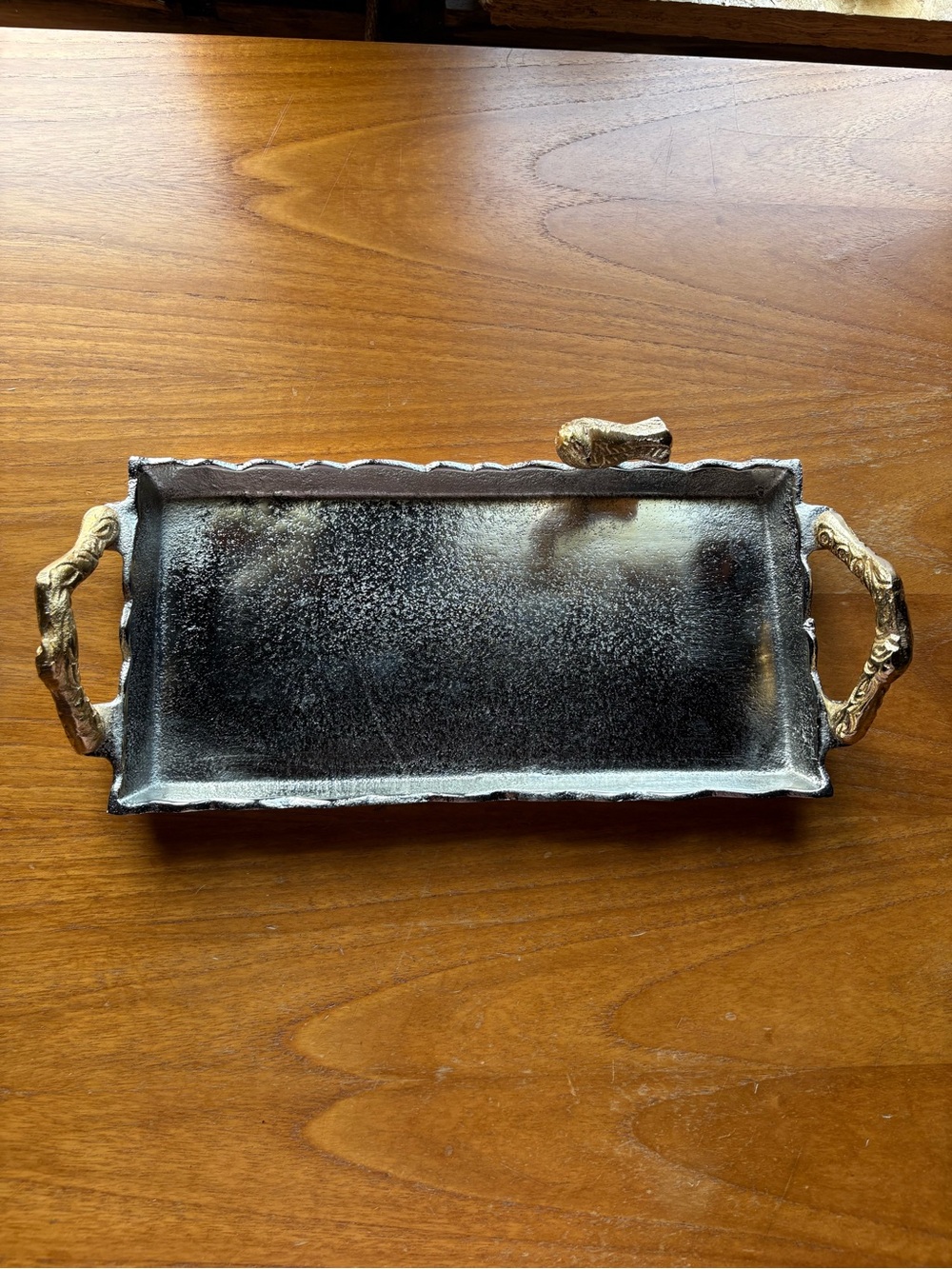 Silver and Gold Rectangular Vanity Tray with Ornate Handles Bird Detail EUC